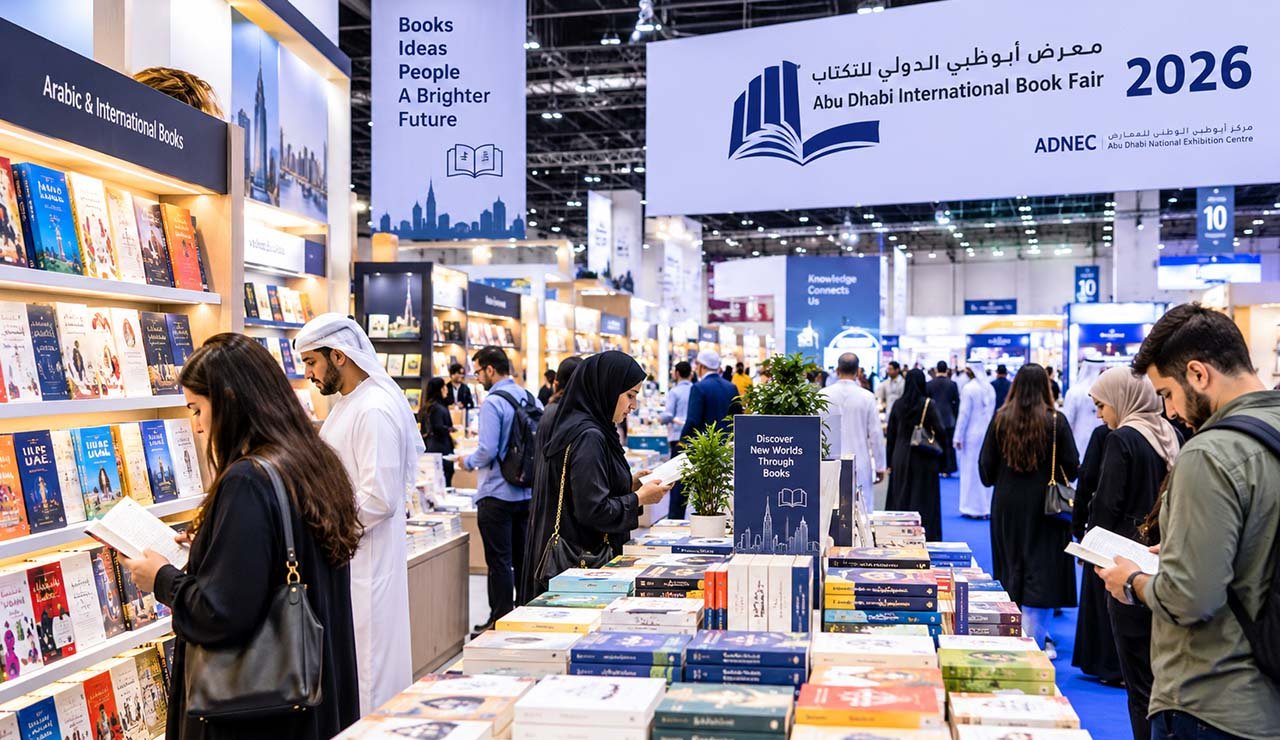 Visitors browsing bookstands at Abu Dhabi International Book Fair 2026 at ADNEC